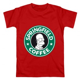 Мужская футболка хлопок с принтом Springfield Coffee в Кировске, 100% хлопок | прямой крой, круглый вырез горловины, длина до линии бедер, слегка спущенное плечо. | homer | simpsons | гомер | лого | спрингфилд | старбакс