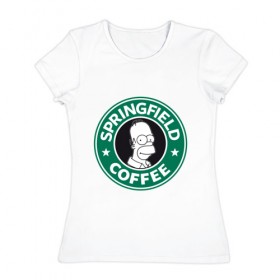 Женская футболка хлопок с принтом Springfield Coffee в Кировске, 100% хлопок | прямой крой, круглый вырез горловины, длина до линии бедер, слегка спущенное плечо | homer | simpsons | гомер | лого | спрингфилд | старбакс