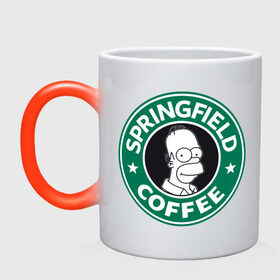 Кружка хамелеон с принтом Springfield Coffee в Кировске, керамика | меняет цвет при нагревании, емкость 330 мл | Тематика изображения на принте: homer | simpsons | гомер | лого | спрингфилд | старбакс