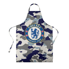 Фартук 3D с принтом FC Chelsea Camouflage в Кировске, 100% полиэстер | общий размер — 65 х 85 см, ширина нагрудника — 26 см, горловина — 53 см, длина завязок — 54 см, общий обхват в поясе — 173 см. Принт на завязках и на горловине наносится с двух сторон, на основной части фартука — только с внешней стороны | Тематика изображения на принте: 