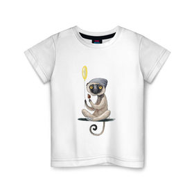 Детская футболка хлопок с принтом Лемур и мороженое в Кировске, 100% хлопок | круглый вырез горловины, полуприлегающий силуэт, длина до линии бедер | Тематика изображения на принте: 