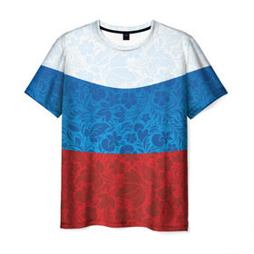 Мужская футболка 3D с принтом Россия хохлома триколор в Кировске, 100% полиэфир | прямой крой, круглый вырез горловины, длина до линии бедер | russia | россия | россия триколор | россия хохлома | триколор | флаг рф | хозлома | хохлома