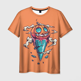 Мужская футболка 3D с принтом Тыквенное мороженое в Кировске, 100% полиэфир | прямой крой, круглый вырез горловины, длина до линии бедер | день всех святых | мороженое | морожка | оранжевый | рожок | светильник джека | тыква | хеллоуин | хэллоуин