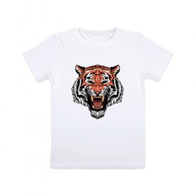 Детская футболка хлопок с принтом Тигр в Кировске, 100% хлопок | круглый вырез горловины, полуприлегающий силуэт, длина до линии бедер | голова | джунгли | животное | зубы | оскал | тигр