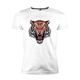 Мужская футболка премиум с принтом Тигр в Кировске, 92% хлопок, 8% лайкра | приталенный силуэт, круглый вырез ворота, длина до линии бедра, короткий рукав | голова | джунгли | животное | зубы | оскал | тигр