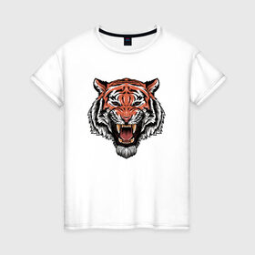 Женская футболка хлопок с принтом Тигр в Кировске, 100% хлопок | прямой крой, круглый вырез горловины, длина до линии бедер, слегка спущенное плечо | голова | джунгли | животное | зубы | оскал | тигр