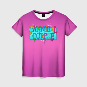 Женская футболка 3D с принтом Cannibal Corpse в Кировске, 100% полиэфир ( синтетическое хлопкоподобное полотно) | прямой крой, круглый вырез горловины, длина до линии бедер | band | cannibal corpse | fun | logo | metal | music | rock | группа | детский | метал | музыка | прикол | розовый | рок