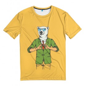 Мужская футболка 3D с принтом Медведь Хипстер Love в Кировске, 100% полиэфир | прямой крой, круглый вырез горловины, длина до линии бедер | Тематика изображения на принте: hipster | love | story | животные | любовь | медведь | хипстер | человек