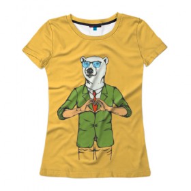 Женская футболка 3D с принтом Медведь Хипстер Love в Кировске, 100% полиэфир ( синтетическое хлопкоподобное полотно) | прямой крой, круглый вырез горловины, длина до линии бедер | Тематика изображения на принте: hipster | love | story | животные | любовь | медведь | хипстер | человек