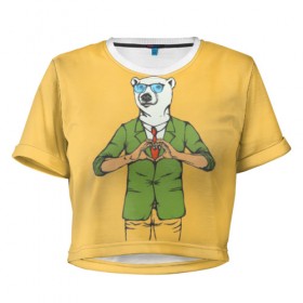 Женская футболка 3D укороченная с принтом Медведь Хипстер Love в Кировске, 100% полиэстер | круглая горловина, длина футболки до линии талии, рукава с отворотами | Тематика изображения на принте: hipster | love | story | животные | любовь | медведь | хипстер | человек