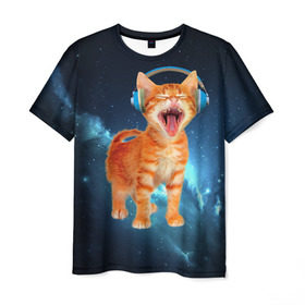 Мужская футболка 3D с принтом Котёнок в наушниках в Кировске, 100% полиэфир | прямой крой, круглый вырез горловины, длина до линии бедер | кот | кошка | музыка