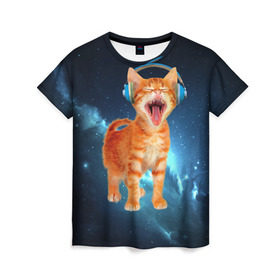 Женская футболка 3D с принтом Котёнок в наушниках в Кировске, 100% полиэфир ( синтетическое хлопкоподобное полотно) | прямой крой, круглый вырез горловины, длина до линии бедер | кот | кошка | музыка