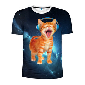 Мужская футболка 3D спортивная с принтом Котёнок в наушниках в Кировске, 100% полиэстер с улучшенными характеристиками | приталенный силуэт, круглая горловина, широкие плечи, сужается к линии бедра | кот | кошка | музыка
