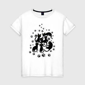 Женская футболка хлопок с принтом Чёрные кошки в Кировске, 100% хлопок | прямой крой, круглый вырез горловины, длина до линии бедер, слегка спущенное плечо | котята | лапки | силуэты | следы