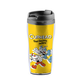 Термокружка-непроливайка с принтом Cuphead в Кировске, внутренняя часть — пищевой пластик, наружная часть — прозрачный пластик, между ними — полиграфическая вставка с рисунком | объем — 350 мл, герметичная крышка | cuphead | капхед | компьтерная игра