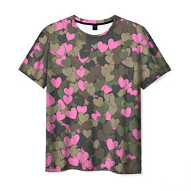 Мужская футболка 3D с принтом Какмуфляж с сердечками в Кировске, 100% полиэфир | прямой крой, круглый вырез горловины, длина до линии бедер | Тематика изображения на принте: 14 февраля | день святого валентина | камуфляж | любовь | милитари | паттерн | розовый | сердечко | сердце | хаки