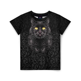 Детская футболка 3D с принтом Чёрный котик в Кировске, 100% гипоаллергенный полиэфир | прямой крой, круглый вырез горловины, длина до линии бедер, чуть спущенное плечо, ткань немного тянется | Тематика изображения на принте: кошка | чёрная