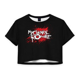Женская футболка 3D укороченная с принтом My Chemical Romance в Кировске, 100% полиэстер | круглая горловина, длина футболки до линии талии, рукава с отворотами | band | blood | metal | music | my chemical romance | rock | атрибутика | группа | кровь | метал | музыка | рок