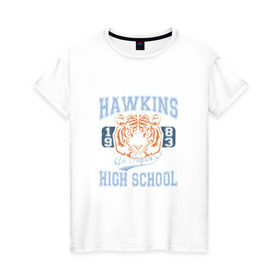 Женская футболка хлопок с принтом Stranger Things Hawkins в Кировске, 100% хлопок | прямой крой, круглый вырез горловины, длина до линии бедер, слегка спущенное плечо | hawkins | stranger things | очень странные дела