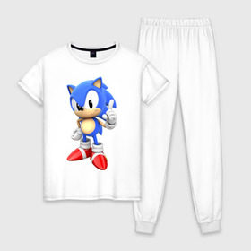 Женская пижама хлопок с принтом Classic Sonic в Кировске, 100% хлопок | брюки и футболка прямого кроя, без карманов, на брюках мягкая резинка на поясе и по низу штанин | Тематика изображения на принте: 16 бит | sega | sonic | классический соник