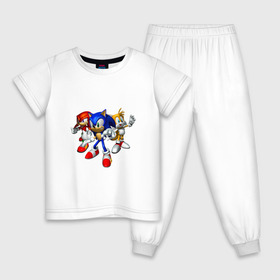 Детская пижама хлопок с принтом Sonic, Tails & Knuckles в Кировске, 100% хлопок |  брюки и футболка прямого кроя, без карманов, на брюках мягкая резинка на поясе и по низу штанин
 | Тематика изображения на принте: наклз | наклс | соник | тейлз | тейлс