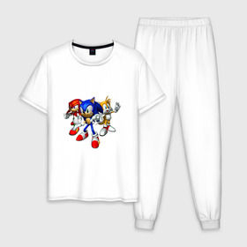 Мужская пижама хлопок с принтом Sonic, Tails & Knuckles в Кировске, 100% хлопок | брюки и футболка прямого кроя, без карманов, на брюках мягкая резинка на поясе и по низу штанин
 | наклз | наклс | соник | тейлз | тейлс