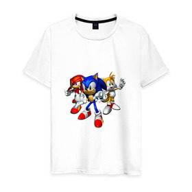 Мужская футболка хлопок с принтом Sonic, Tails & Knuckles в Кировске, 100% хлопок | прямой крой, круглый вырез горловины, длина до линии бедер, слегка спущенное плечо. | наклз | наклс | соник | тейлз | тейлс