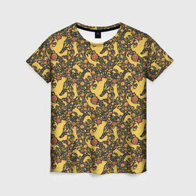 Женская футболка 3D с принтом Кошки хохлома в Кировске, 100% полиэфир ( синтетическое хлопкоподобное полотно) | прямой крой, круглый вырез горловины, длина до линии бедер | орнамент | паттерн | цветы