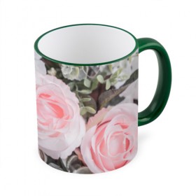 Кружка 3D с принтом розы в Кировске, керамика | ёмкость 330 мл | букет | винтаж | зелень | листья | розовые розы | романтика | цветы