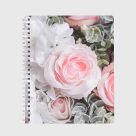 Тетрадь с принтом розы в Кировске, 100% бумага | 48 листов, плотность листов — 60 г/м2, плотность картонной обложки — 250 г/м2. Листы скреплены сбоку удобной пружинной спиралью. Уголки страниц и обложки скругленные. Цвет линий — светло-серый
 | букет | винтаж | зелень | листья | розовые розы | романтика | цветы