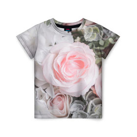 Детская футболка 3D с принтом розы в Кировске, 100% гипоаллергенный полиэфир | прямой крой, круглый вырез горловины, длина до линии бедер, чуть спущенное плечо, ткань немного тянется | букет | винтаж | зелень | листья | розовые розы | романтика | цветы