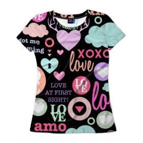 Женская футболка 3D с принтом Любовь на разных языках в Кировске, 100% полиэфир ( синтетическое хлопкоподобное полотно) | прямой крой, круглый вырез горловины, длина до линии бедер | 14 | love | валентин | губы | день | любовь | подарок | поцелуй | сердце | страсть | февраль