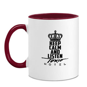 Кружка двухцветная с принтом Keep calm and listen Tokio Hotel в Кировске, керамика | объем — 330 мл, диаметр — 80 мм. Цветная ручка и кайма сверху, в некоторых цветах — вся внутренняя часть | hotel | island | tokio | tokio hotel | альтернативный | билл каулитц | георг листинг | группа | густав шефер | отель | пауэр | поп | рок | синти | синтипоп | токийский | токио | том каулитц | хотель