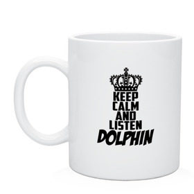 Кружка с принтом Keep calm and listen Dolphin в Кировске, керамика | объем — 330 мл, диаметр — 80 мм. Принт наносится на бока кружки, можно сделать два разных изображения | Тематика изображения на принте: 