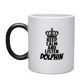 Кружка хамелеон с принтом Keep calm and listen Dolphin в Кировске, керамика | меняет цвет при нагревании, емкость 330 мл | Тематика изображения на принте: 