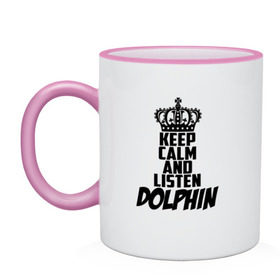 Кружка двухцветная с принтом Keep calm and listen Dolphin в Кировске, керамика | объем — 330 мл, диаметр — 80 мм. Цветная ручка и кайма сверху, в некоторых цветах — вся внутренняя часть | 