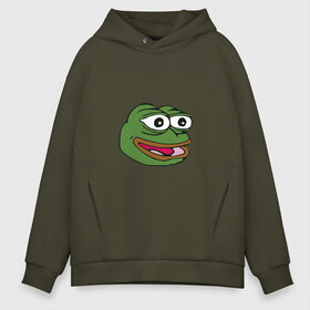 Мужское худи Oversize хлопок с принтом Pepe frog в Кировске, френч-терри — 70% хлопок, 30% полиэстер. Мягкий теплый начес внутри —100% хлопок | боковые карманы, эластичные манжеты и нижняя кромка, капюшон на магнитной кнопке | meme pepe мем прикол лягушка