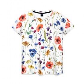 Женская футболка 3D с принтом Полевые цветы в Кировске, 100% полиэфир ( синтетическое хлопкоподобное полотно) | прямой крой, круглый вырез горловины, длина до линии бедер | 