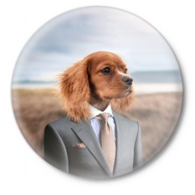 Значок с принтом Собака в костюме в Кировске,  металл | круглая форма, металлическая застежка в виде булавки | Тематика изображения на принте: dog | животные | пёс | собака