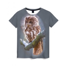Женская футболка 3D с принтом Сова в Кировске, 100% полиэфир ( синтетическое хлопкоподобное полотно) | прямой крой, круглый вырез горловины, длина до линии бедер | owl | ветка | ночной хищник | птица | птичка | серый | сова | хищная птица | хищник