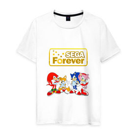 Мужская футболка хлопок с принтом Sega Forever в Кировске, 100% хлопок | прямой крой, круглый вырез горловины, длина до линии бедер, слегка спущенное плечо. | knuckles | sonic | tails | наклз | сега | соник | тейлз