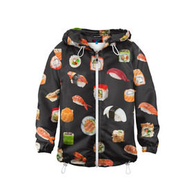 Детская ветровка 3D с принтом Суши в Кировске, 100% полиэстер | подол и капюшон оформлены резинкой с фиксаторами, по бокам два кармана без застежек, один потайной карман на груди | Тематика изображения на принте: food | rolls | sushi | tokyo | еда | роллы | суши | токио