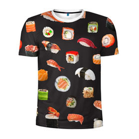 Мужская футболка 3D спортивная с принтом Суши в Кировске, 100% полиэстер с улучшенными характеристиками | приталенный силуэт, круглая горловина, широкие плечи, сужается к линии бедра | food | rolls | sushi | tokyo | еда | роллы | суши | токио