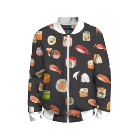 Детский бомбер 3D с принтом Суши в Кировске, 100% полиэстер | застегивается на молнию, по бокам два кармана без застежек, мягкие манжеты, по низу бомбера и на воротнике — эластичная резинка | Тематика изображения на принте: food | rolls | sushi | tokyo | еда | роллы | суши | токио