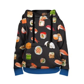 Детская толстовка 3D с принтом Суши в Кировске, 100% полиэстер | двухслойный капюшон со шнурком для регулировки, мягкие манжеты на рукавах и по низу толстовки, спереди карман-кенгуру с мягким внутренним слоем | Тематика изображения на принте: food | rolls | sushi | tokyo | еда | роллы | суши | токио