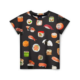 Детская футболка 3D с принтом Суши в Кировске, 100% гипоаллергенный полиэфир | прямой крой, круглый вырез горловины, длина до линии бедер, чуть спущенное плечо, ткань немного тянется | Тематика изображения на принте: food | rolls | sushi | tokyo | еда | роллы | суши | токио