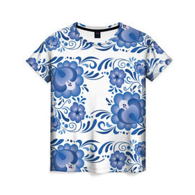 Женская футболка 3D с принтом Гжель в Кировске, 100% полиэфир ( синтетическое хлопкоподобное полотно) | прямой крой, круглый вырез горловины, длина до линии бедер | гжель | текстура | узор | цветы