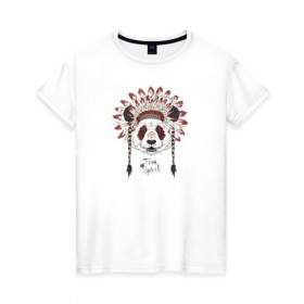 Женская футболка хлопок с принтом Панда в Кировске, 100% хлопок | прямой крой, круглый вырез горловины, длина до линии бедер, слегка спущенное плечо | индеец | инди | медведи | медведь | панда | панды | с медведем | с пандой