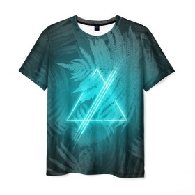Мужская футболка 3D с принтом Neon light blue в Кировске, 100% полиэфир | прямой крой, круглый вырез горловины, длина до линии бедер | неон | папоротник | треугольник