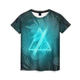 Женская футболка 3D с принтом Neon light blue в Кировске, 100% полиэфир ( синтетическое хлопкоподобное полотно) | прямой крой, круглый вырез горловины, длина до линии бедер | неон | папоротник | треугольник